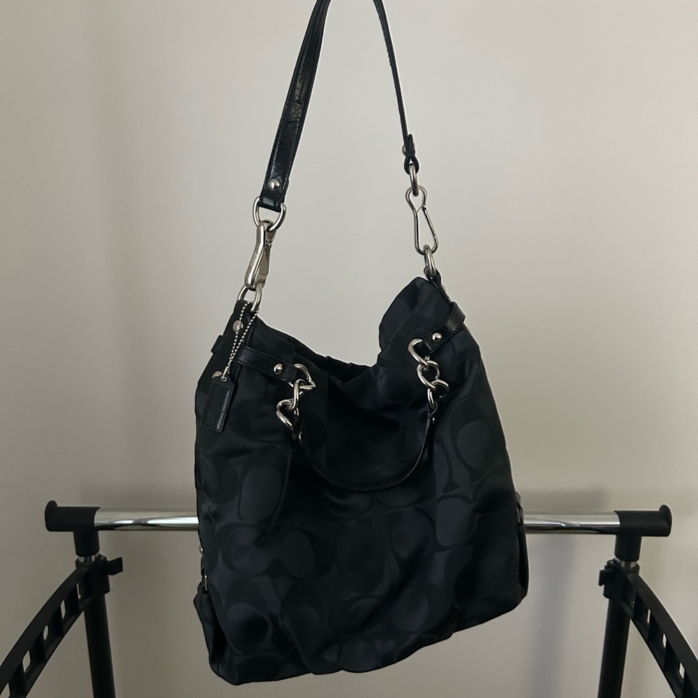 Coach Black Signature Jacquard Shoulder Bag with Silver Hardware